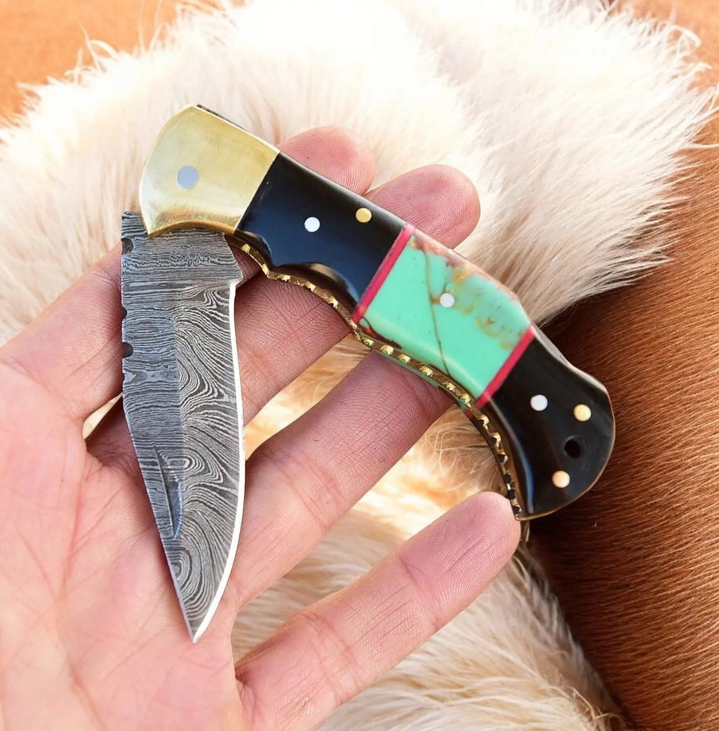 Custom Handmade Damascus Steel Pocket Knife with Brass Bolster by Damascus Knife Store, Damascus knife detail photo 2