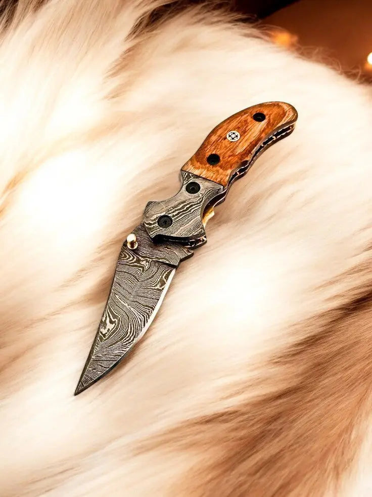 Custom Handmade Damascus Steel Pocket Knife with Olive Wood Handle by Damascus Knife Store, Damascus knife main product photo