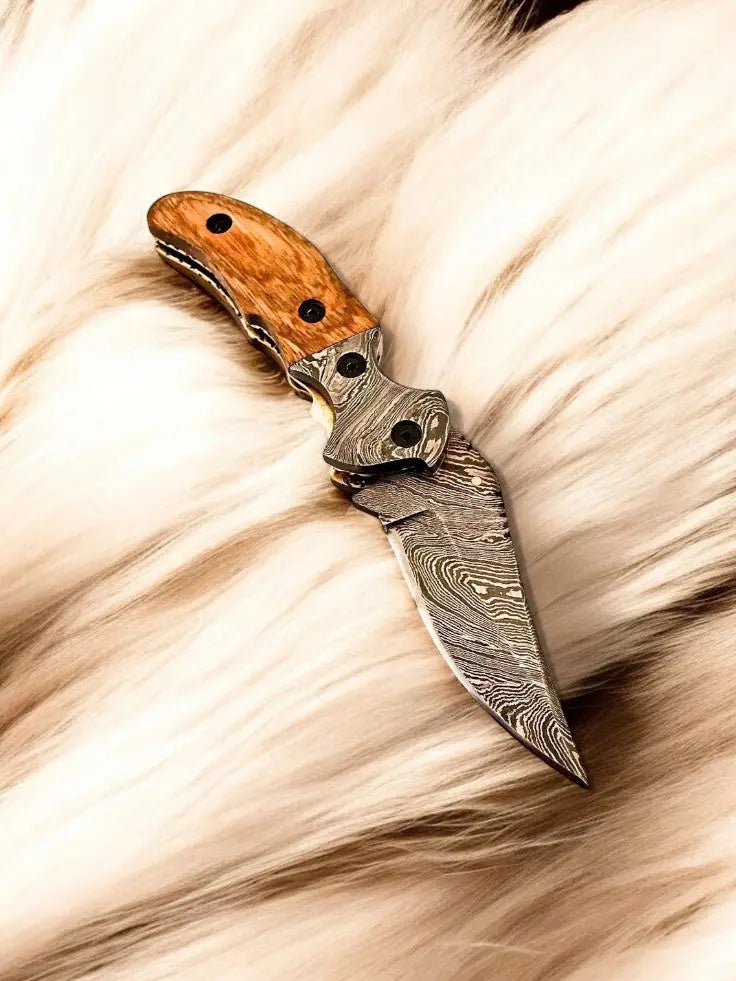 Custom Handmade Damascus Steel Pocket Knife with Olive Wood Handle by Damascus Knife Store, Damascus knife detail photo 2