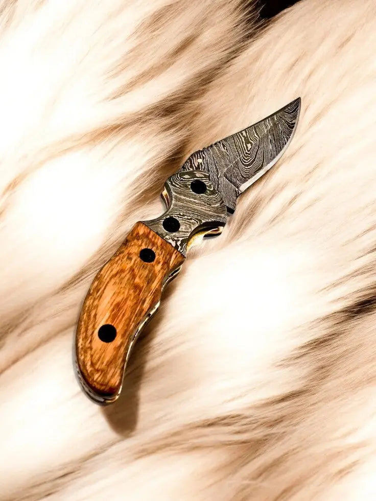 Custom Handmade Damascus Steel Pocket Knife with Olive Wood Handle by Damascus Knife Store, Damascus knife detail photo 3
