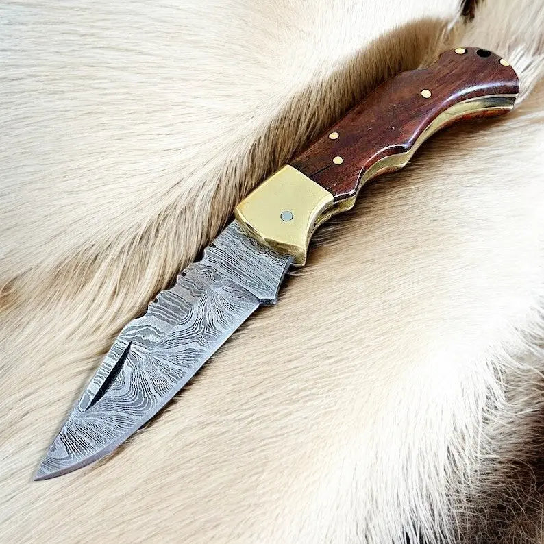 Custom Handmade Damascus Steel Pocket Knife with Rosewood Handle by Damascus Knife Store, Damascus knife main product photo