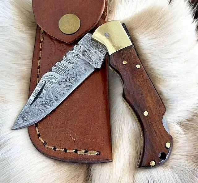 Custom Handmade Damascus Steel Pocket Knife with Rosewood Handle by Damascus Knife Store, Damascus knife detail photo 2