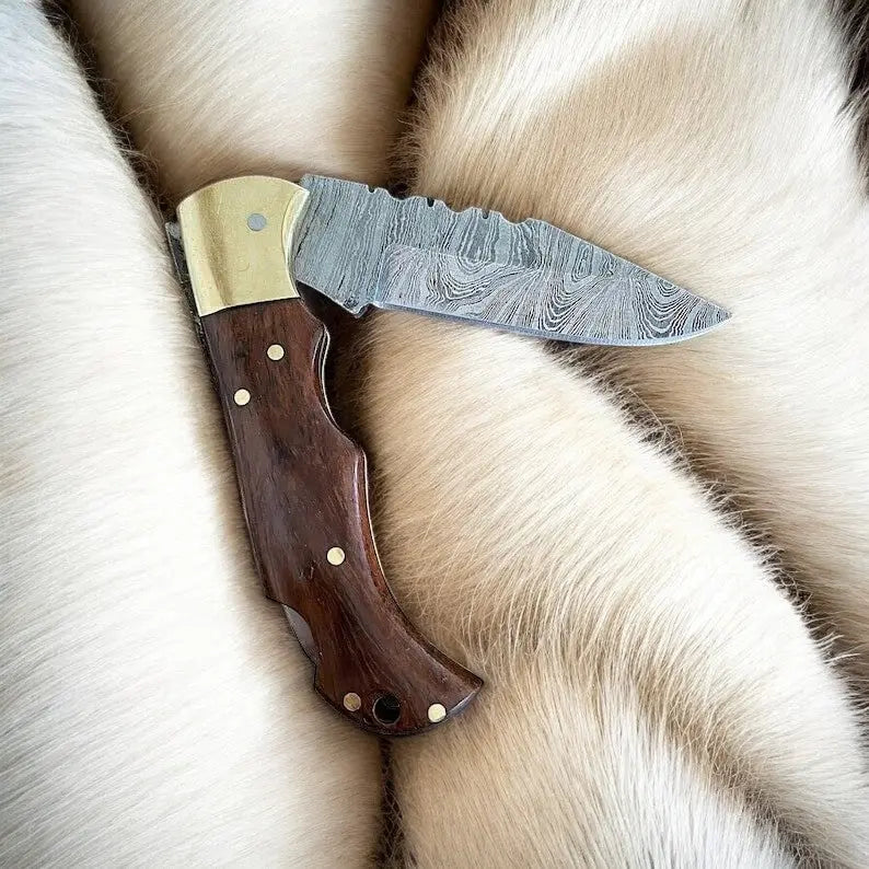 Custom Handmade Damascus Steel Pocket Knife with Rosewood Handle by Damascus Knife Store, Damascus knife detail photo 4