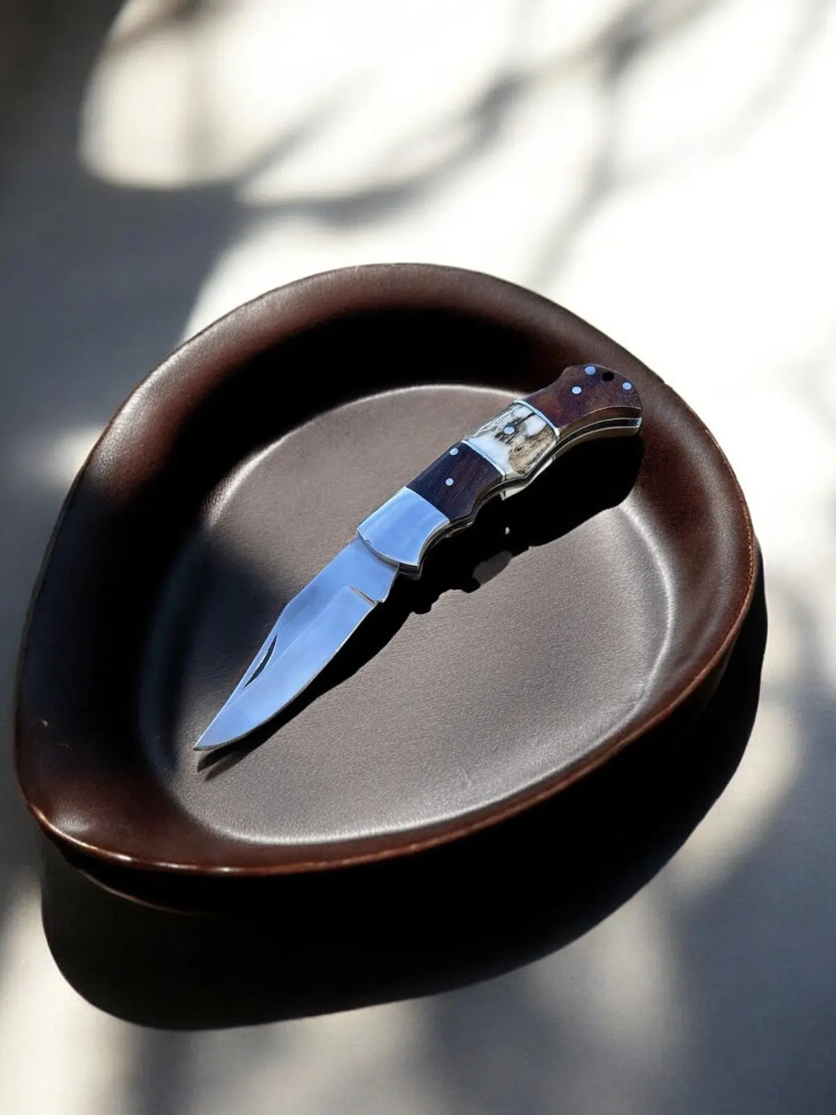 Custom Handmade Folding Knife with Rosewood & Antler Horn Handle Damascus Knife Store