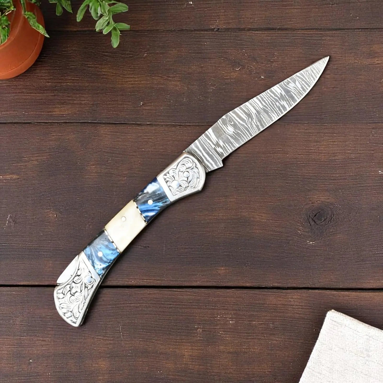 Custom Handmade Pocket Knife with Bone & Resin Handle Damascus Knife Store