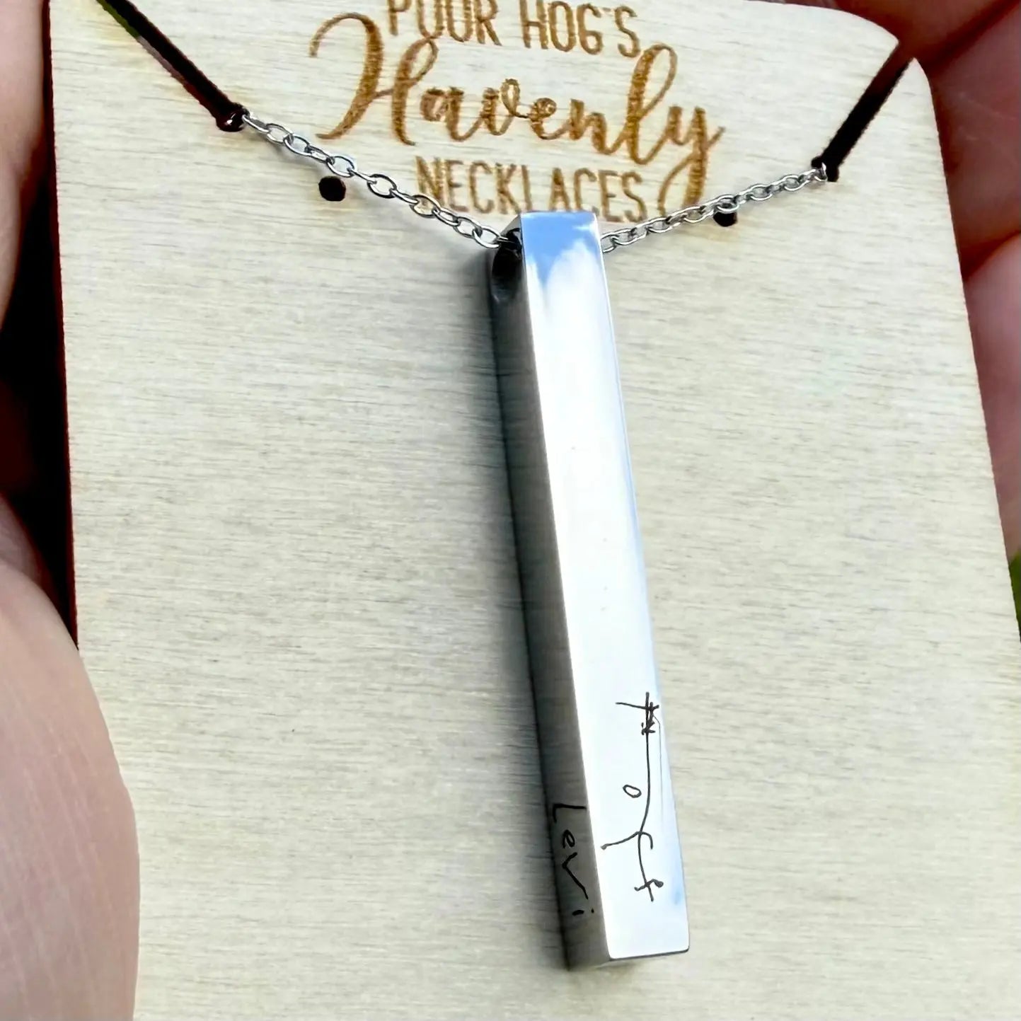 Custom Handwriting Necklace, Engraved Keepsake Gift, Stainless Steel Bar, 4 Sides Poor Hog Customs