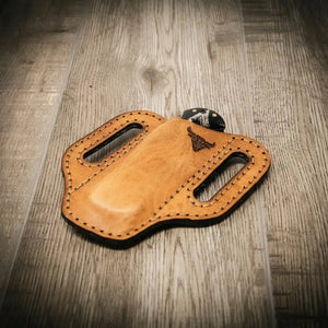 Tan leather trapper knife sheath with belt loops and bull logo
