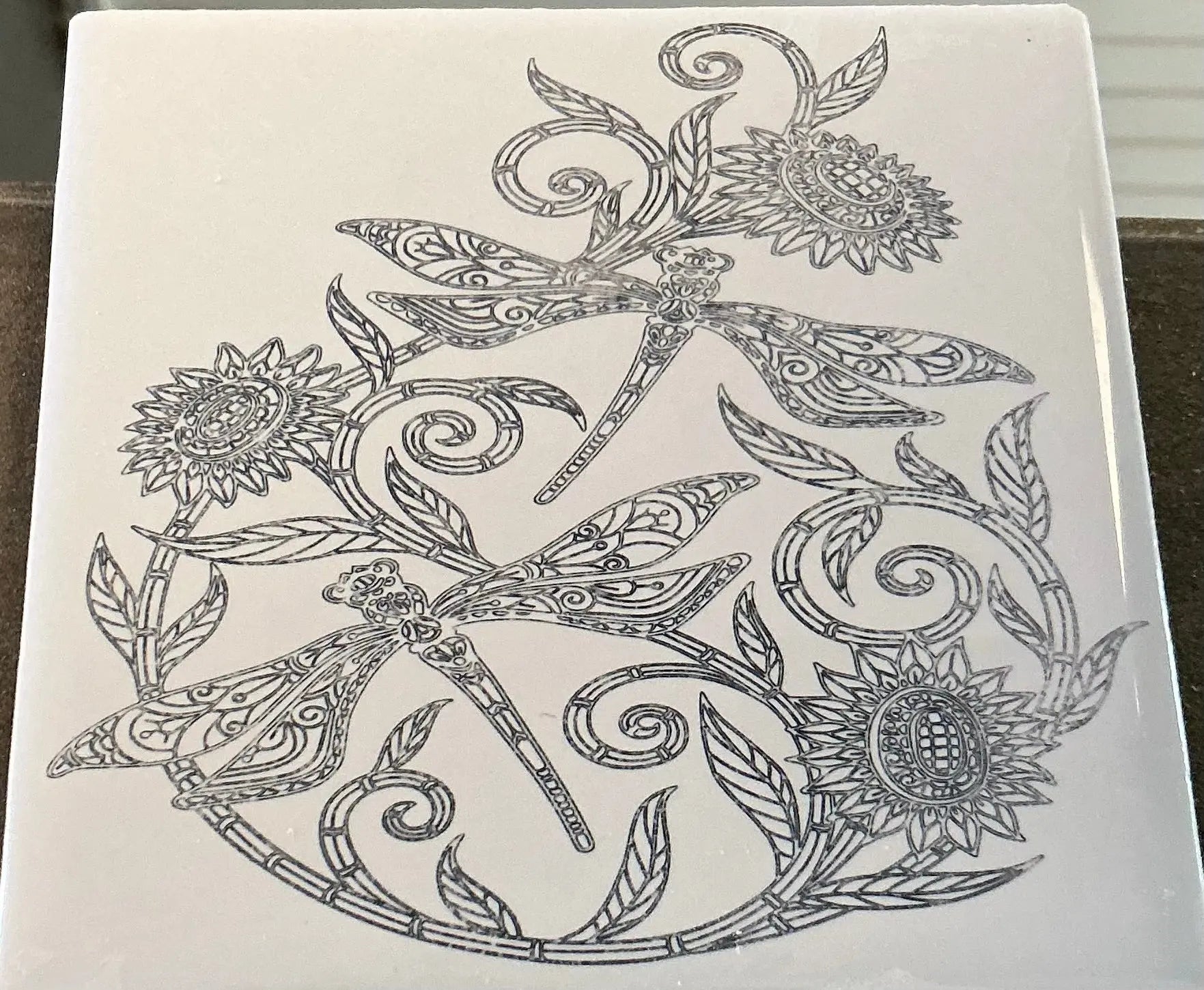 Custom Ceramic Tile with Dragonfly and Sunflower Design by Main Street Collective
