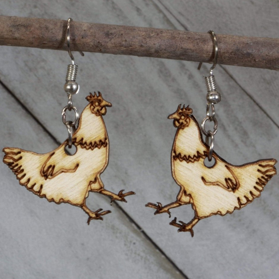 Cute Chicken Wooden Dangle Earrings | Farm Animal Jewelry by Cate's Concepts, LLC, handmade jewelry main product photo