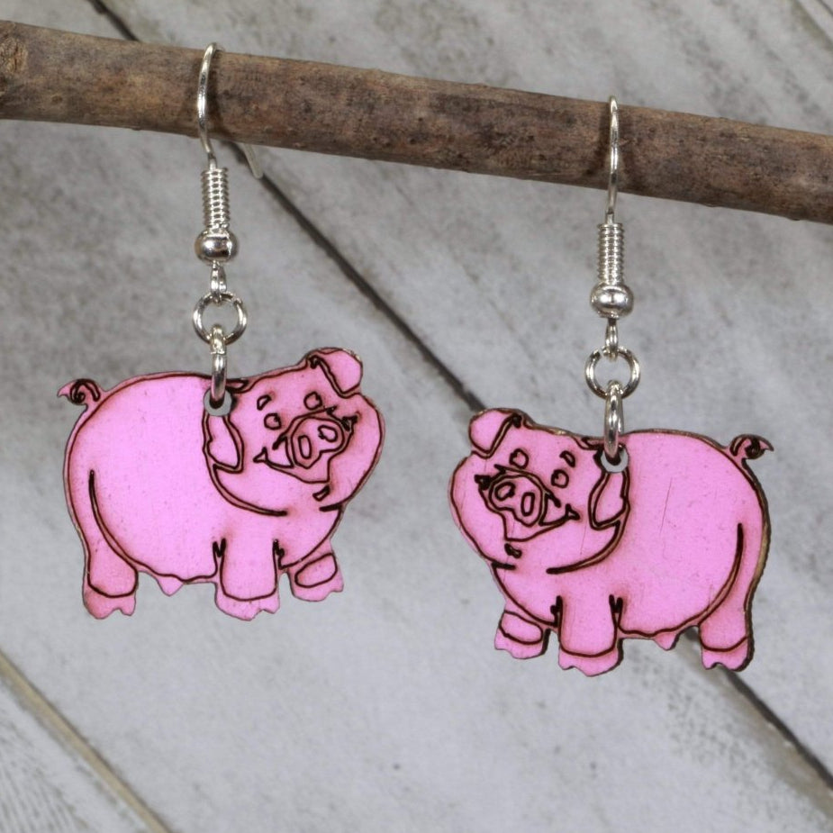 Cute Pig Wooden Dangle Earrings | Farm Animal Jewelry by Cate's Concepts, LLC, handmade jewelry main product photo