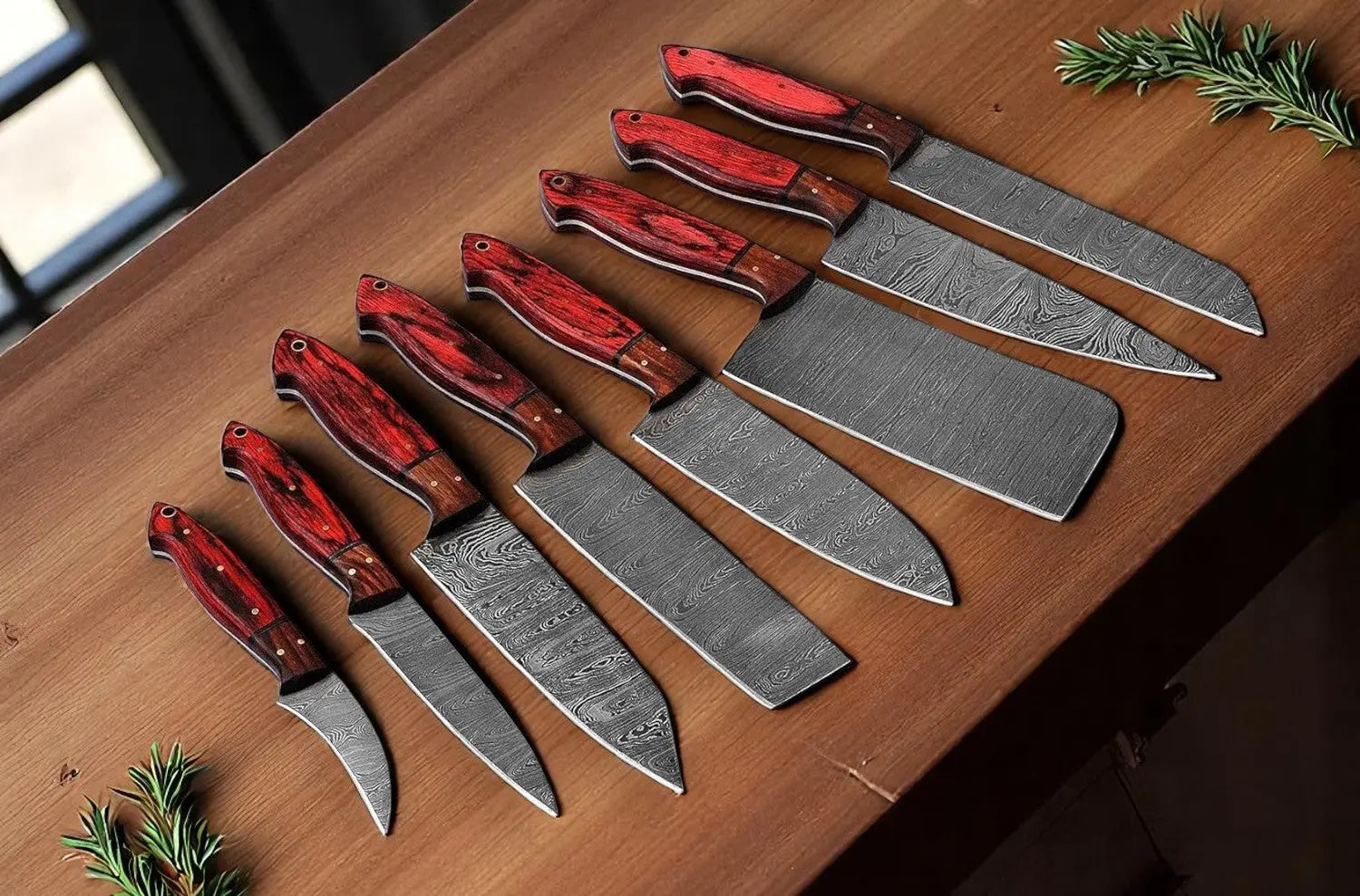 Cutting Knife Set – 8-Piece Full Tang Damascus Steel Collection by Damascus Knife Store, Damascus knife main product photo