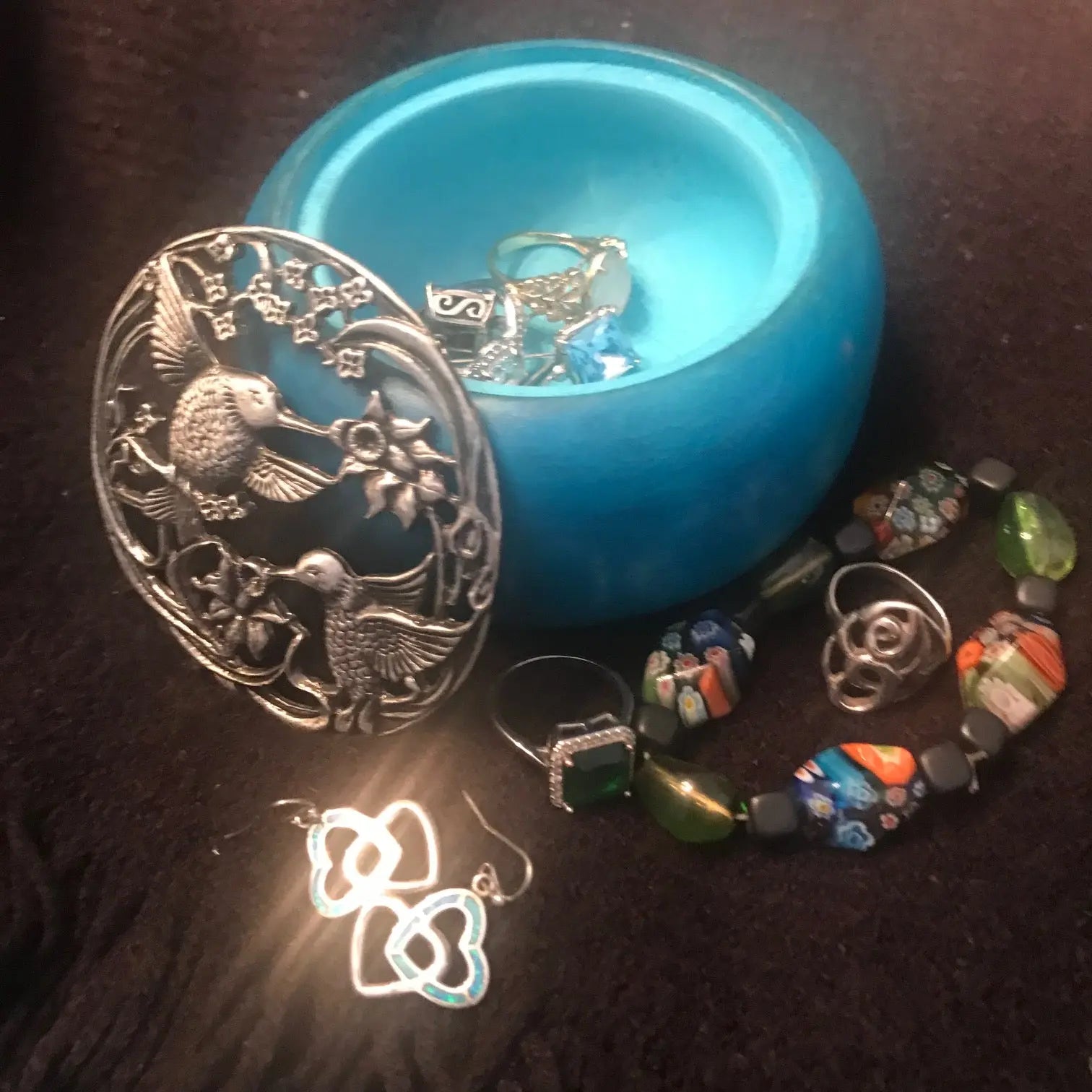 Cypress Treasure Box with a Beautiful Blue Stain, Jewelry Box with Hummingbirds on the Lid. Paw Paw’s Woodshop of Mississippi