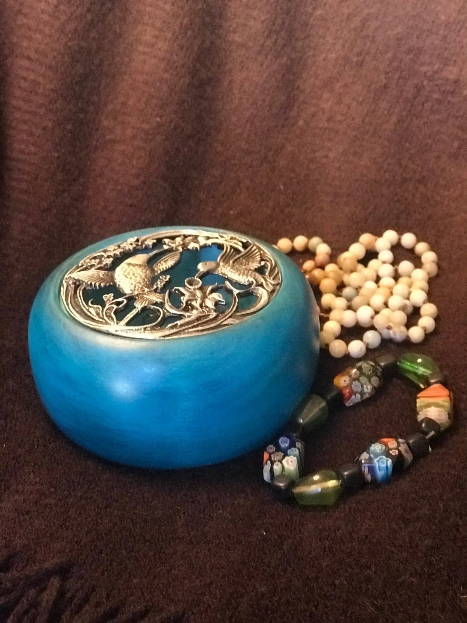Cypress Treasure Box with a Beautiful Blue Stain, Jewelry Box with Hummingbirds on the Lid. Paw Paw’s Woodshop of Mississippi
