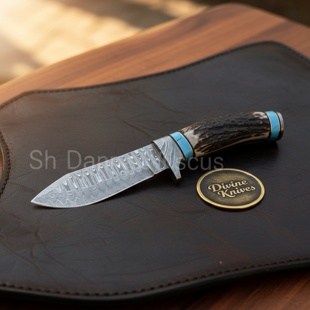 Turquoise Inlay Hunting Knife with Stag Antler Handle and Hand Forged Drop Point Blade by Divine Knives — product view 1