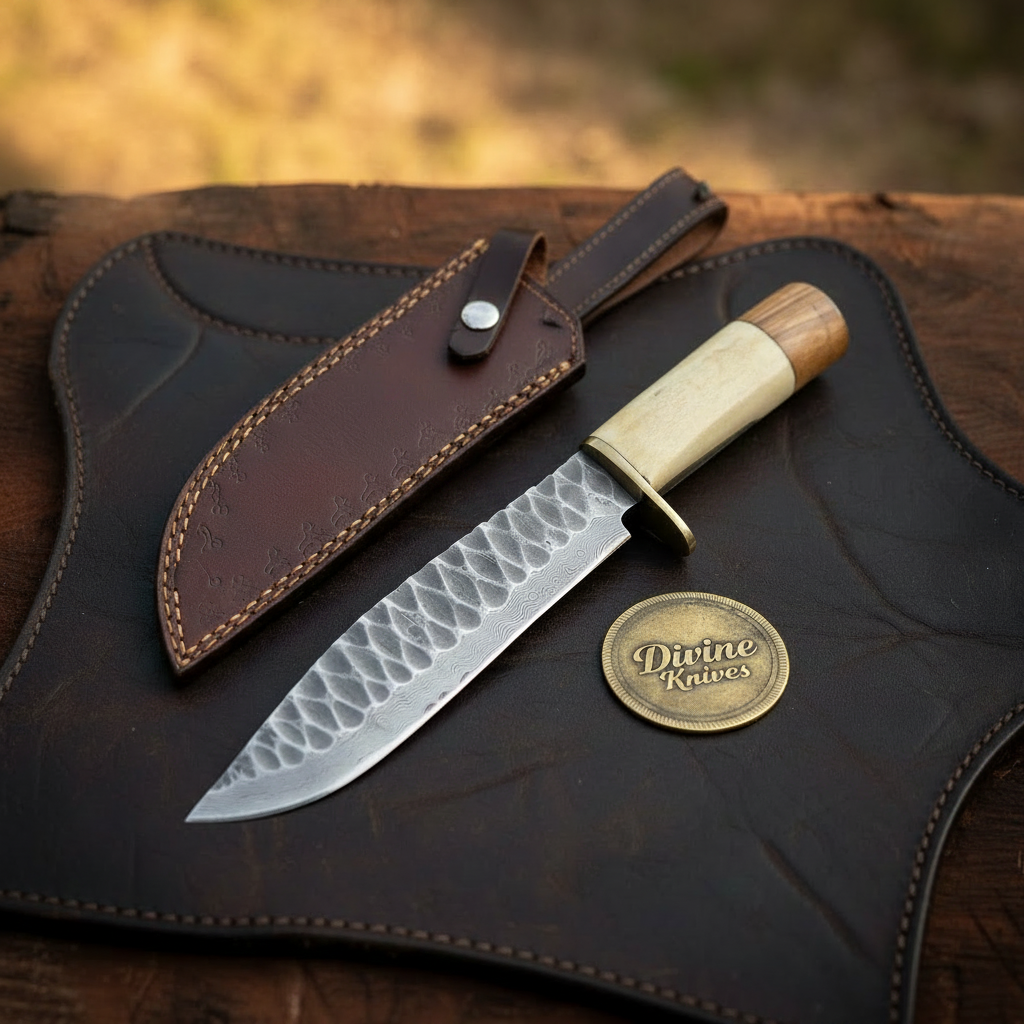 Hammered Bone Handle Camp Knife with Dimpled Forged Blade and Snap Leather Sheath by Divine Knives — product view 1
