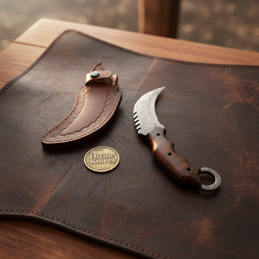 Karambit Claw Knife with Rosewood Handle, Finger Ring and Hand Forged Curved Blade by Divine Knives — product view 2