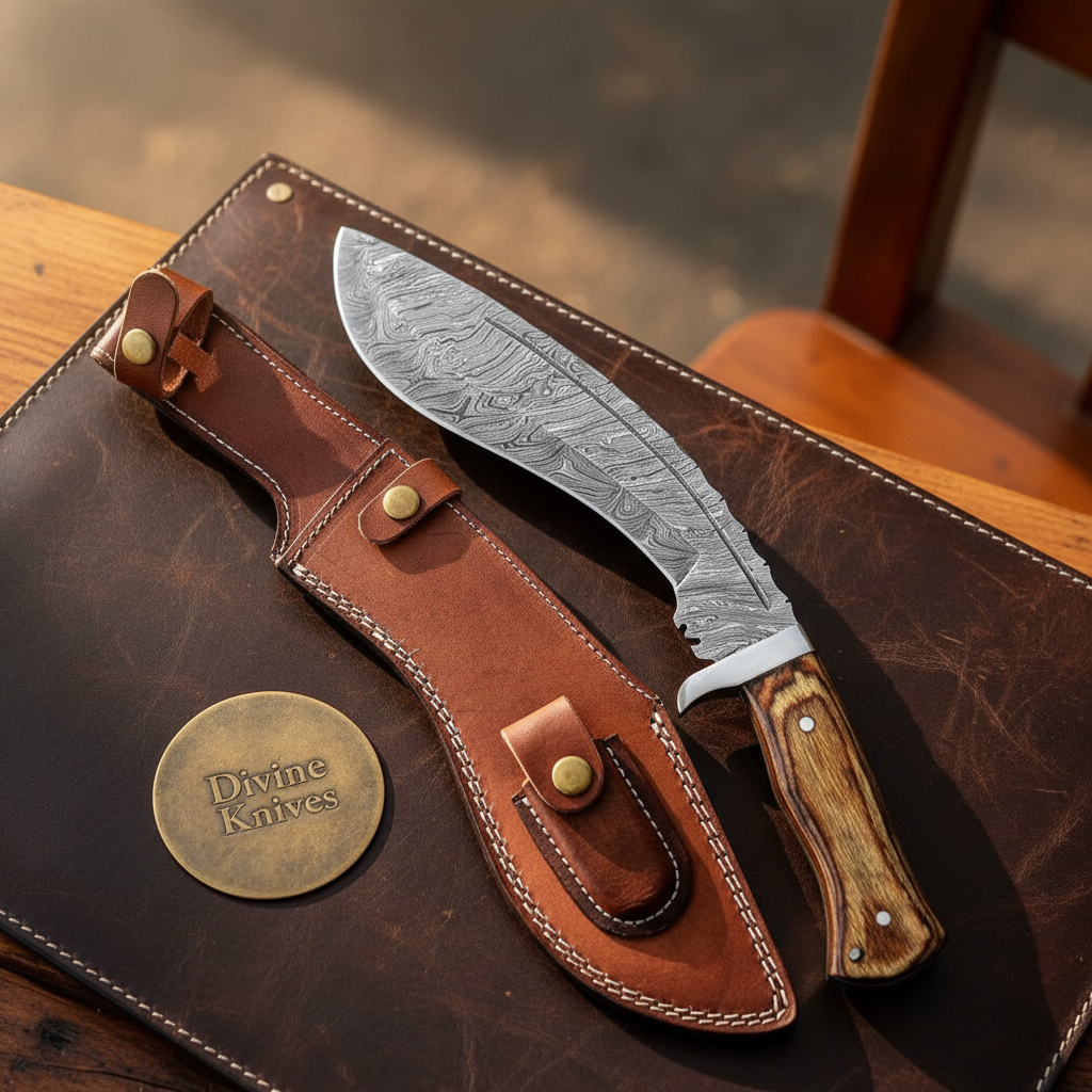 Hardwood Damascus Gurkha Kukri with Natural Wood Handle by Divine Knives — product view 2
