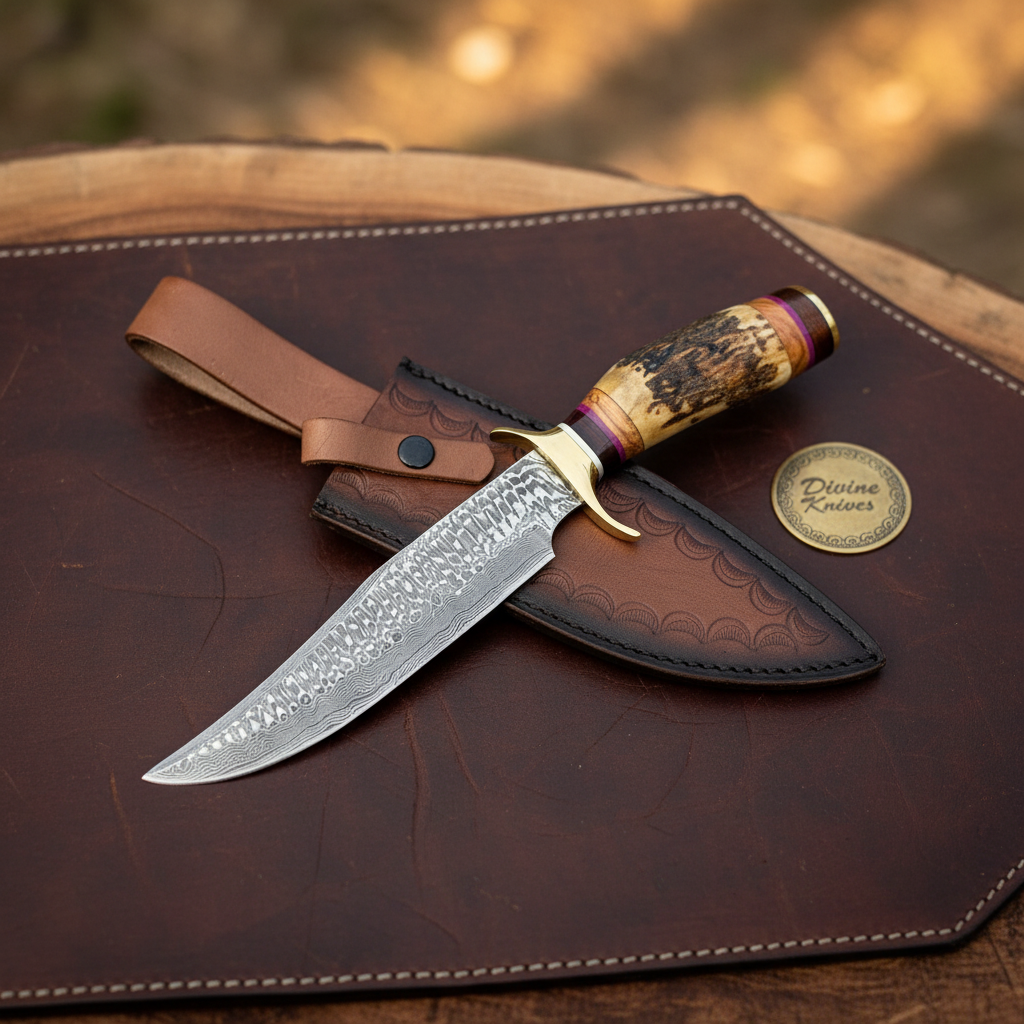 Stag Horn Segmented Damascus Classic Bowie with Banded Handle by Divine Knives — product view 2