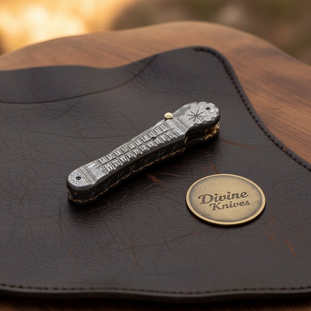 Engraved Damascus Liner-Lock Dagger Folder by Divine Knives — detail view 2