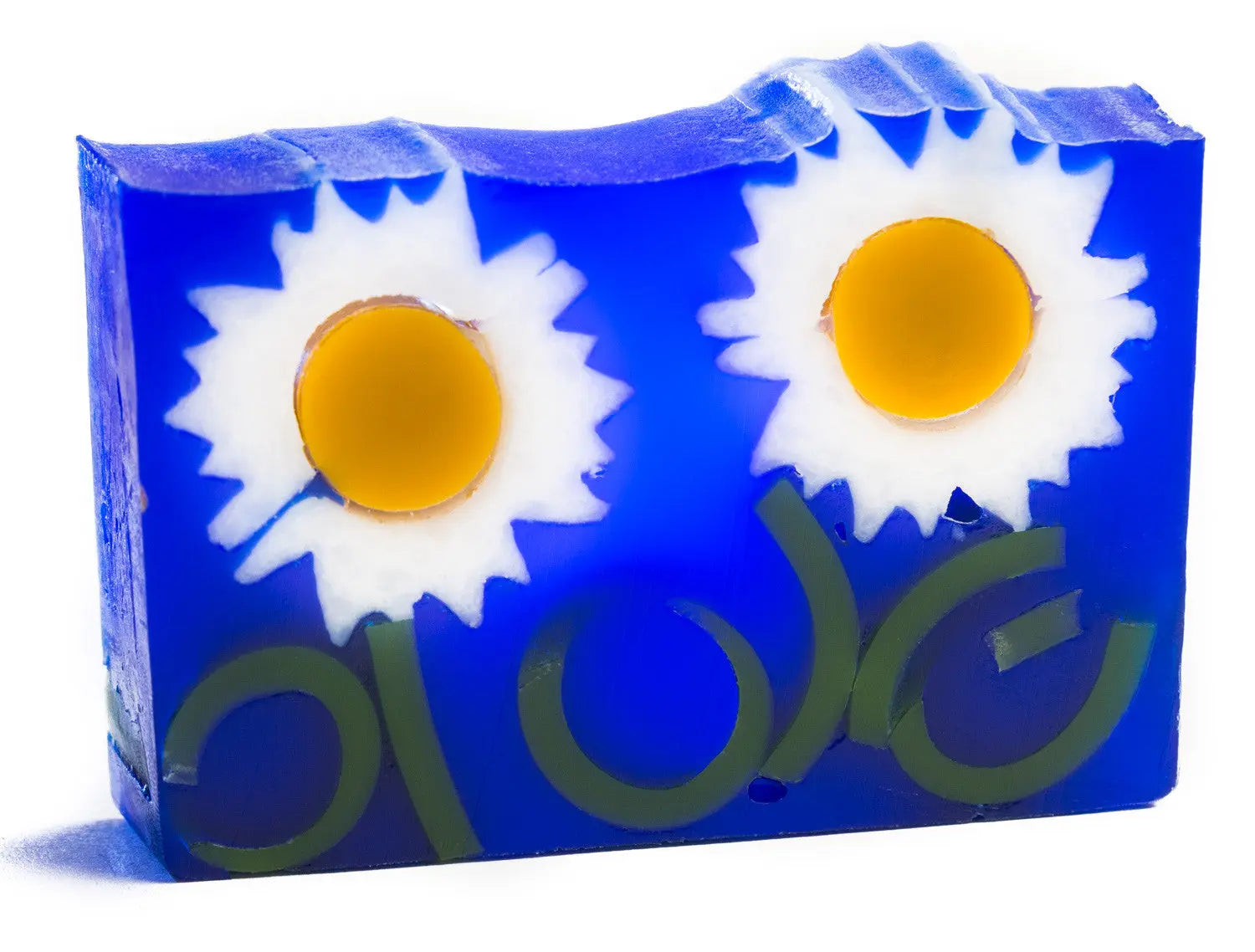 Blue daisy soap slice with white petals and yellow center embeds.