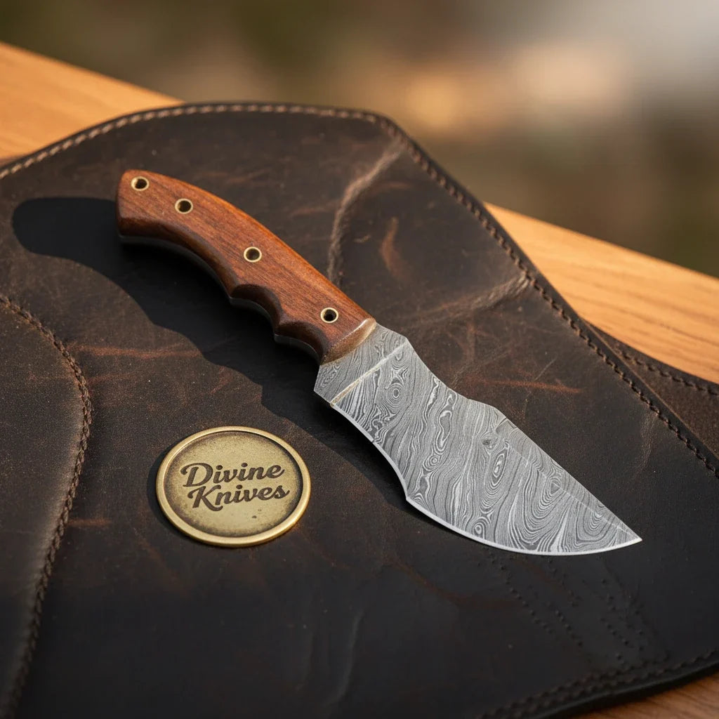 Dark Rosewood Damascus Tracker Knife by Divine Knives — detail view 2