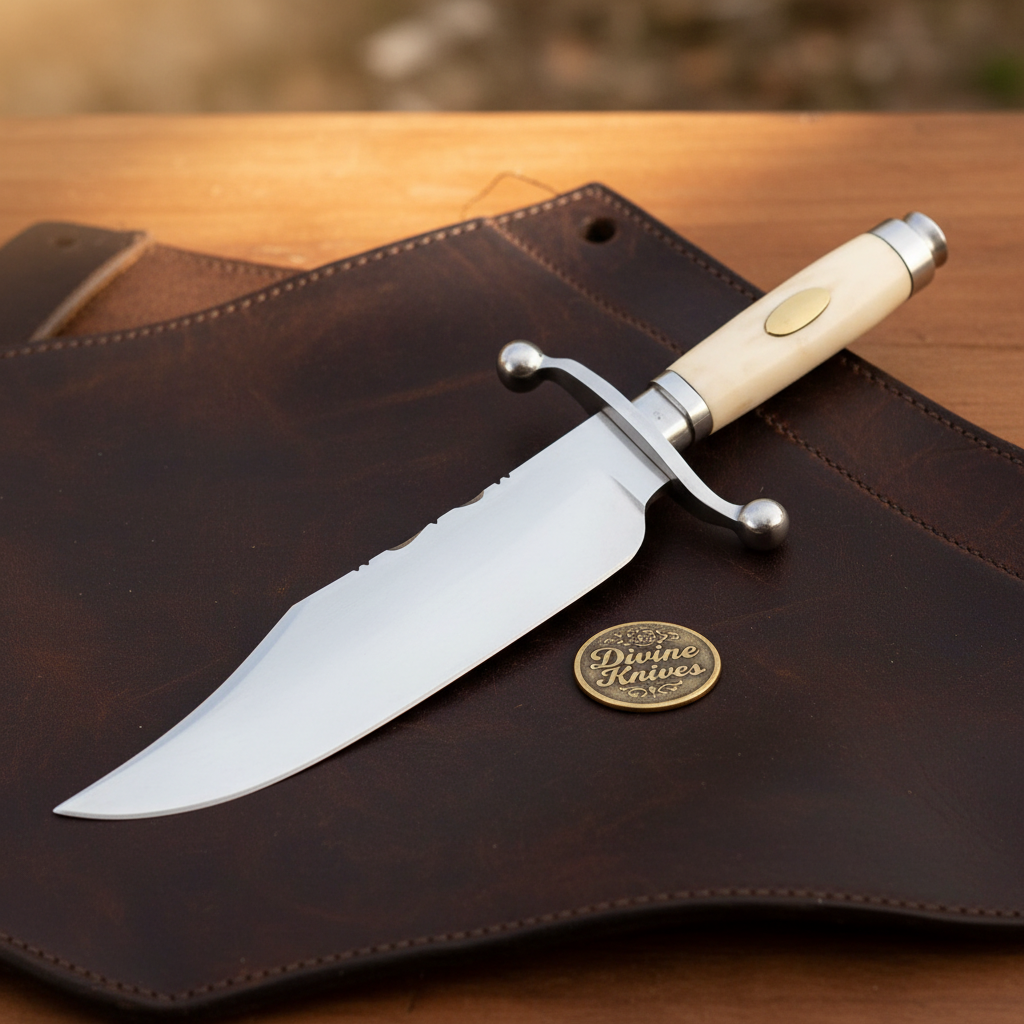 Bone Handle Bowie Knife with Mirror Finished Blade and Hand Stitched Leather Sheath by Divine Knives — product view 2