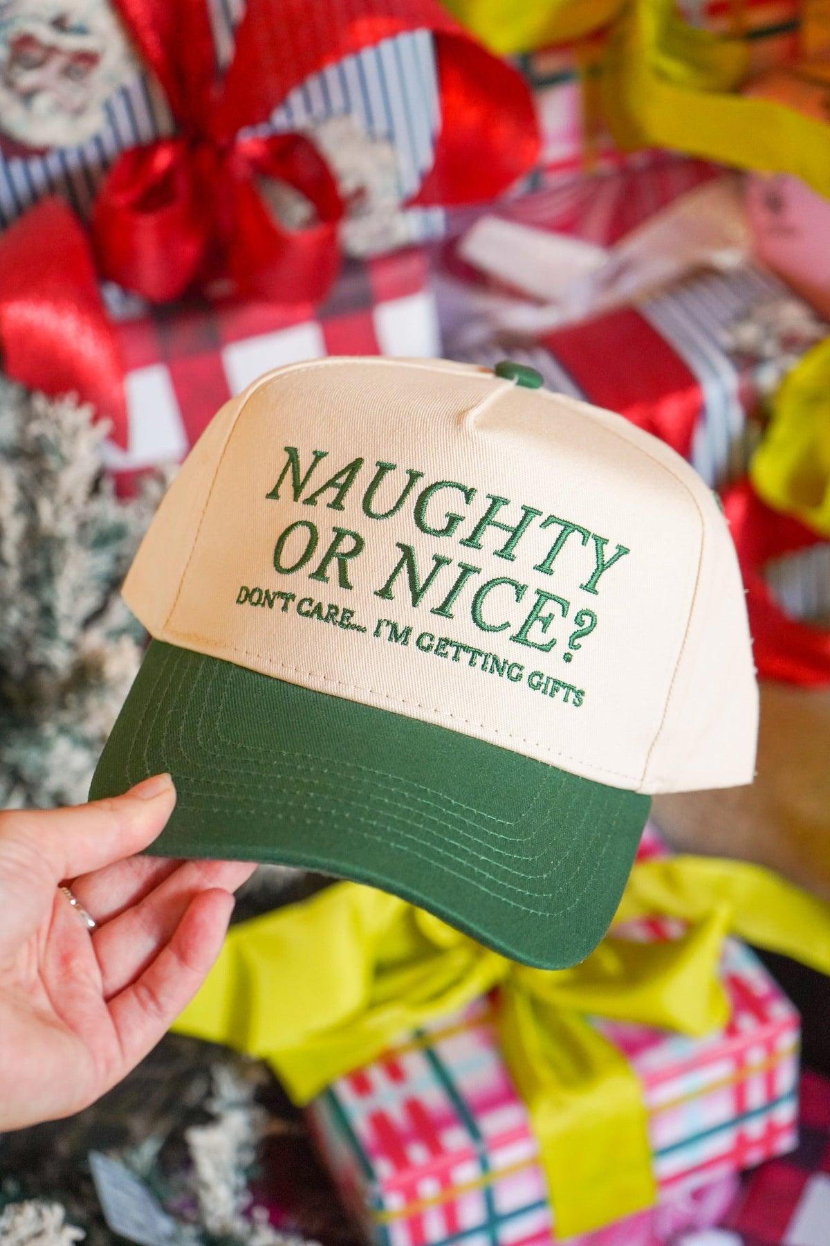 Naughty or Nice? Don't Care - Green Vintage Trucker Hat by KenzKustomz, view 1
