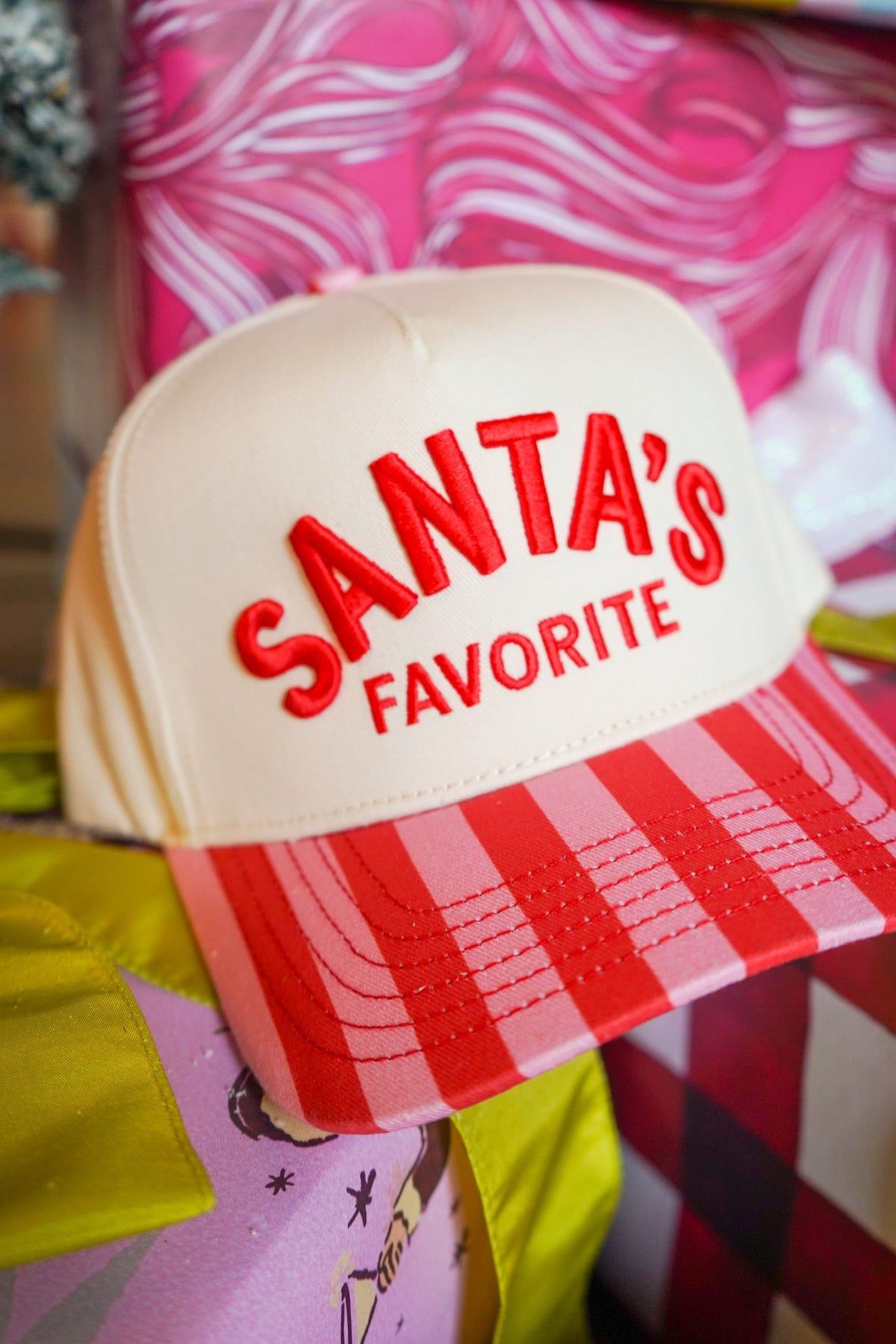 Santa's Favorite - Pink & Red Stripe Trucker Hat by KenzKustomz, view 5