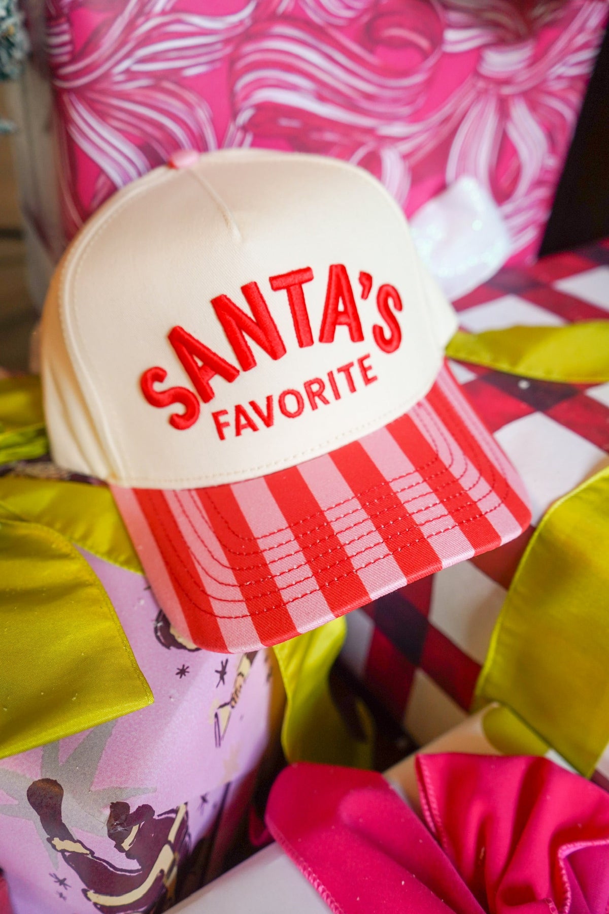 Santa's Favorite - Pink & Red Stripe Trucker Hat by KenzKustomz, view 4