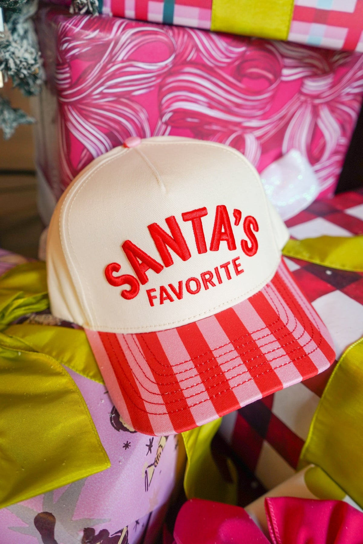 Santa's Favorite - Pink & Red Stripe Trucker Hat by KenzKustomz, view 3