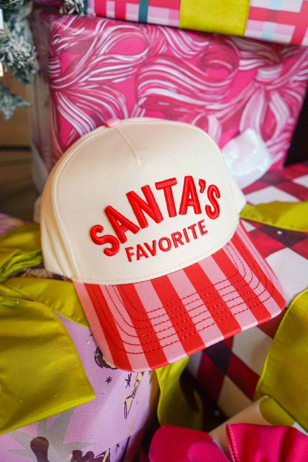 Santa's Favorite - Pink & Red Stripe Trucker Hat by KenzKustomz, view 2