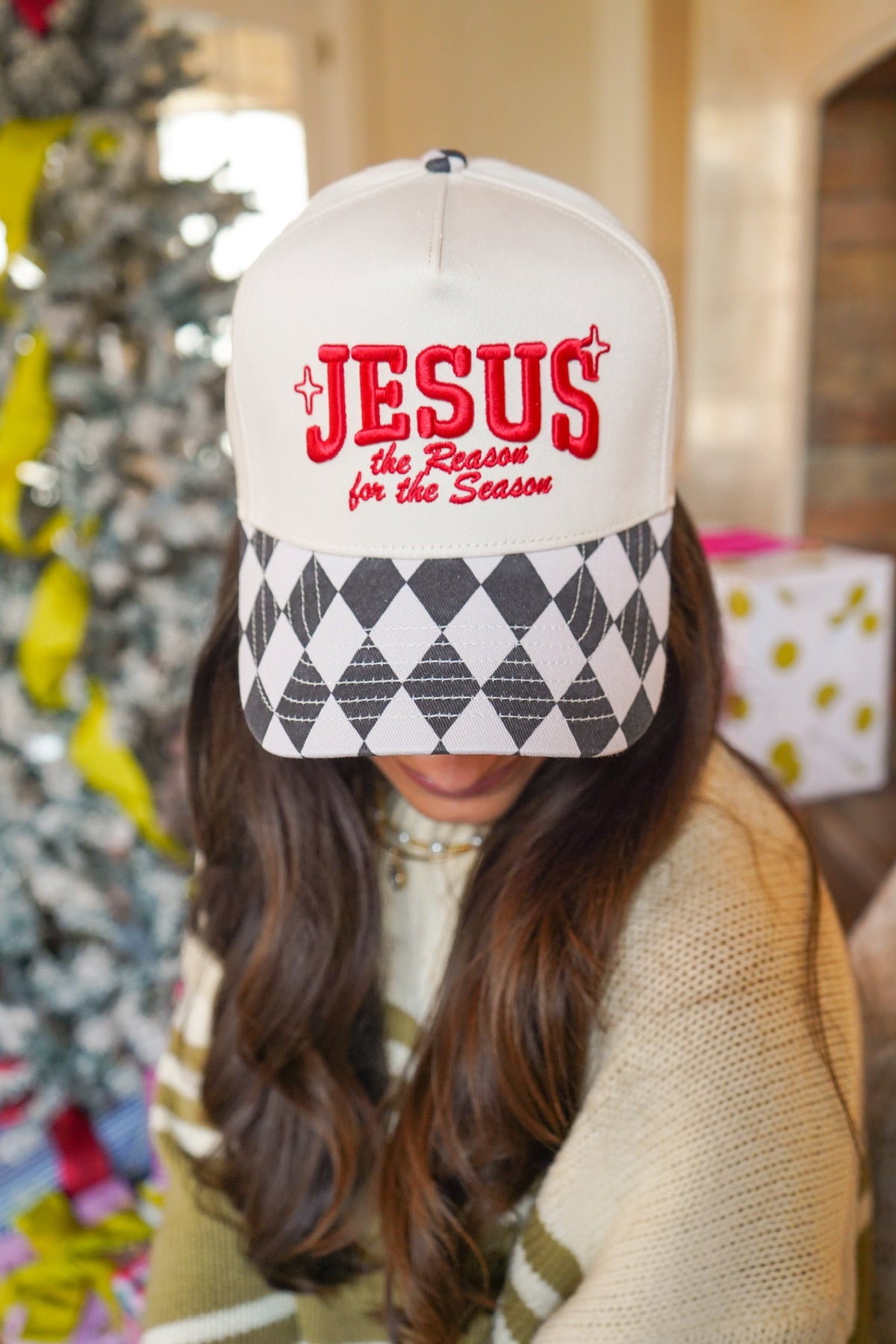 Jesus is the Reason - Black Argyle Trucker Hat by KenzKustomz, view 4