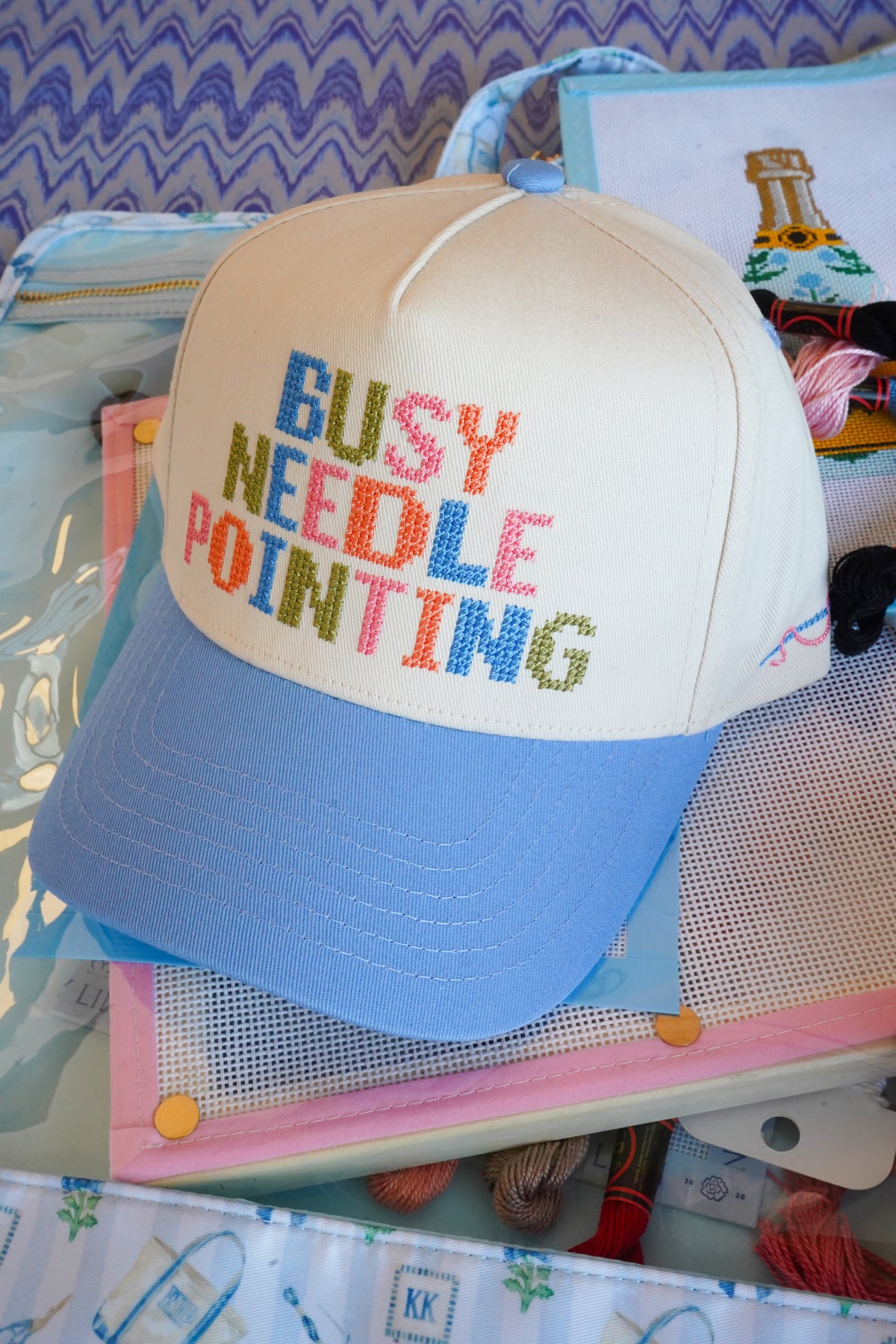 Busy Needlepointing - Periwinkle Trucker Hat by KenzKustomz, view 2