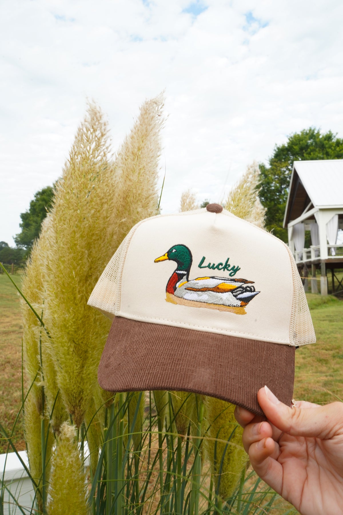 Lucky Duck - Brown Corduroy Trucker Hat by KenzKustomz — product view 1