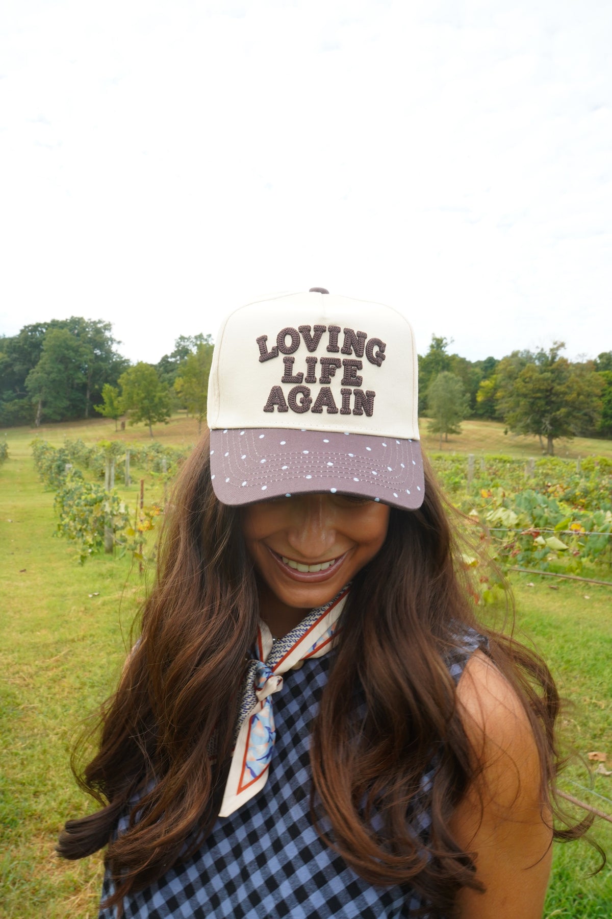 Loving Life Again - Brown & Blue Polka Dot Trucker Hat by KenzKustomz, view 1