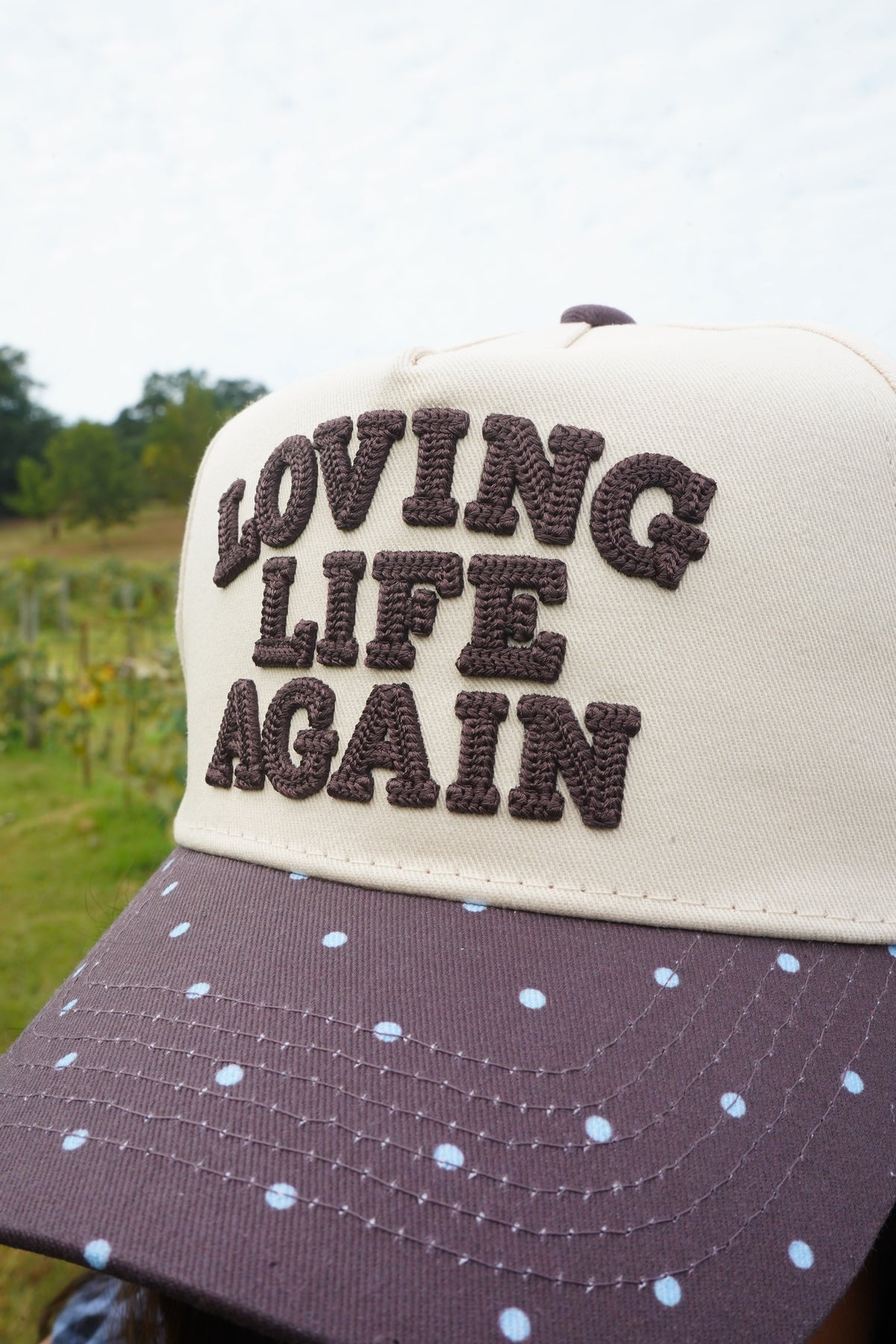Loving Life Again - Brown & Blue Polka Dot Trucker Hat by KenzKustomz, view 3