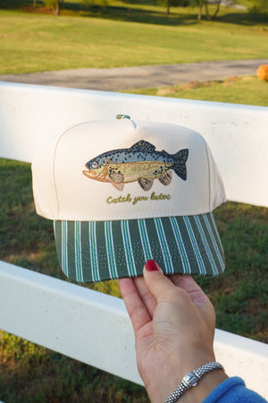 Catch you Later - Dark Green + Navy Stripe Trucker Hat by KenzKustomz, view 10
