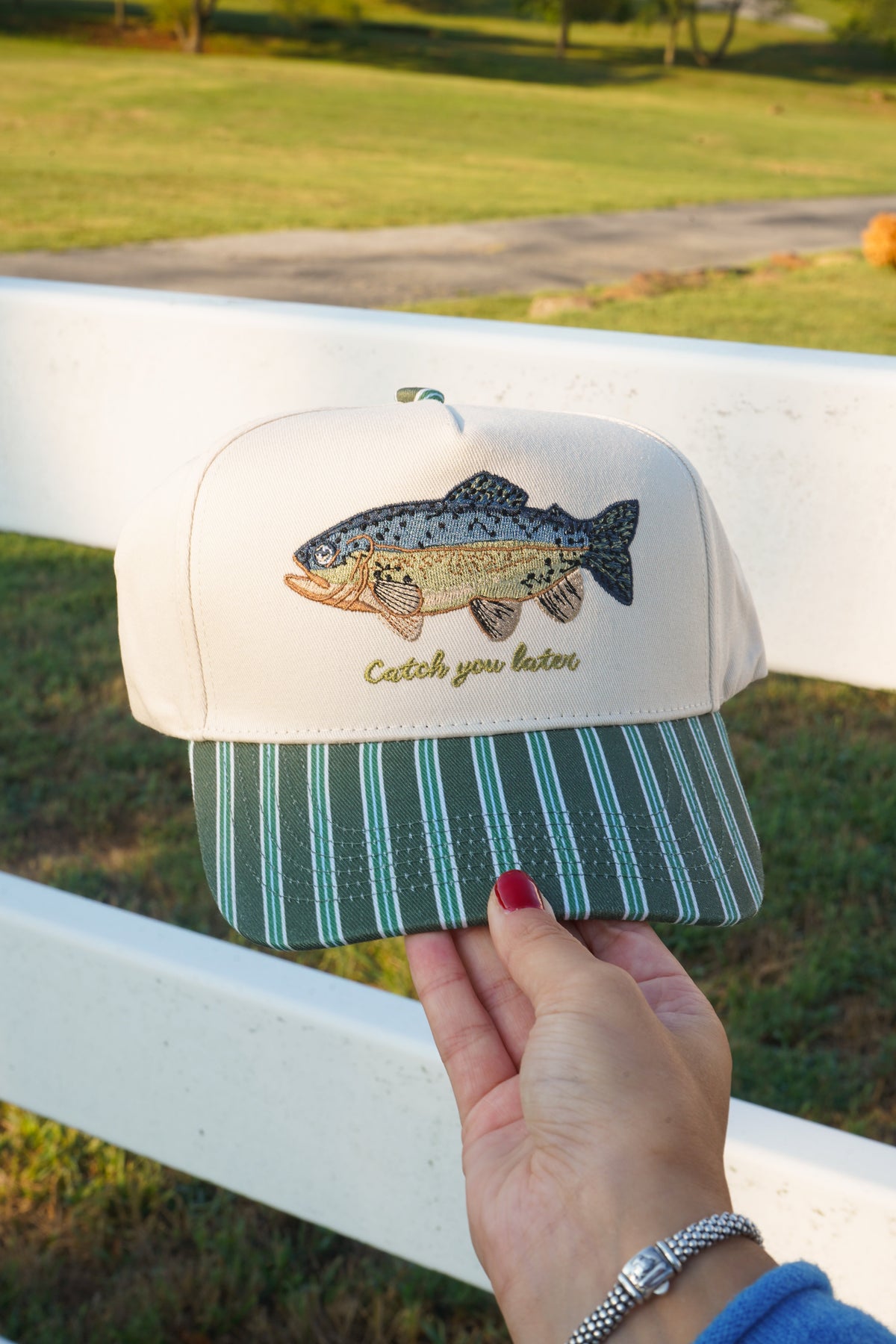 Catch you Later - Dark Green + Navy Stripe Trucker Hat by KenzKustomz, view 9