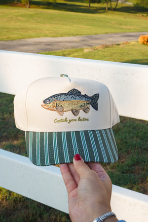Catch you Later - Dark Green + Navy Stripe Trucker Hat by KenzKustomz, view 2