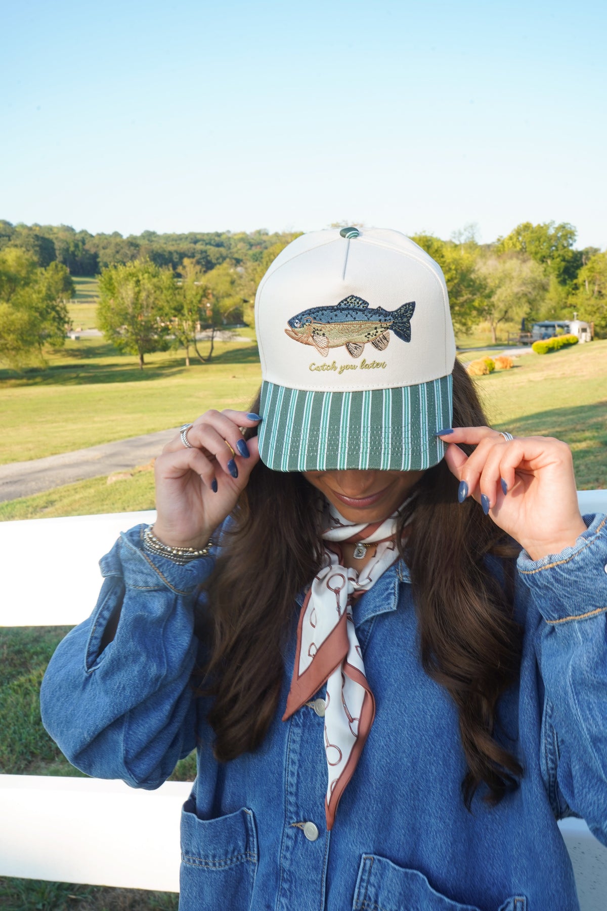Catch you Later - Dark Green + Navy Stripe Trucker Hat by KenzKustomz, view 8