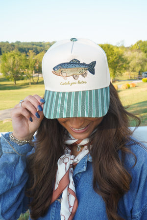 Catch you Later - Dark Green + Navy Stripe Trucker Hat by KenzKustomz, view 6