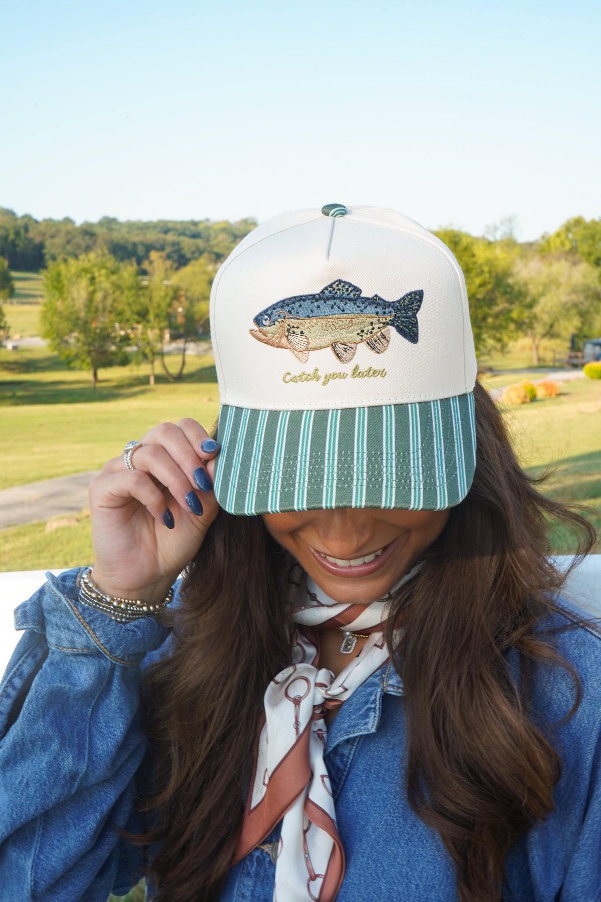 Catch you Later - Dark Green + Navy Stripe Trucker Hat by KenzKustomz, view 1