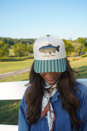 Catch you Later - Dark Green + Navy Stripe Trucker Hat by KenzKustomz, view 5