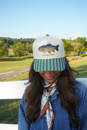 Catch you Later - Dark Green + Navy Stripe Trucker Hat by KenzKustomz, view 4