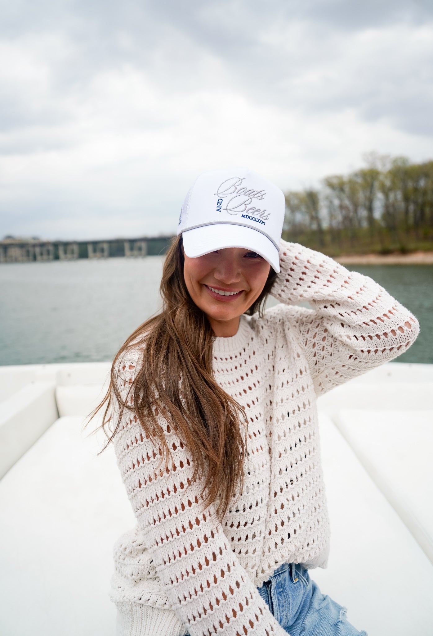 Boats & Beers - White Vintage Trucker Hat by KenzKustomz, Southern lifestyle apparel detail photo 2