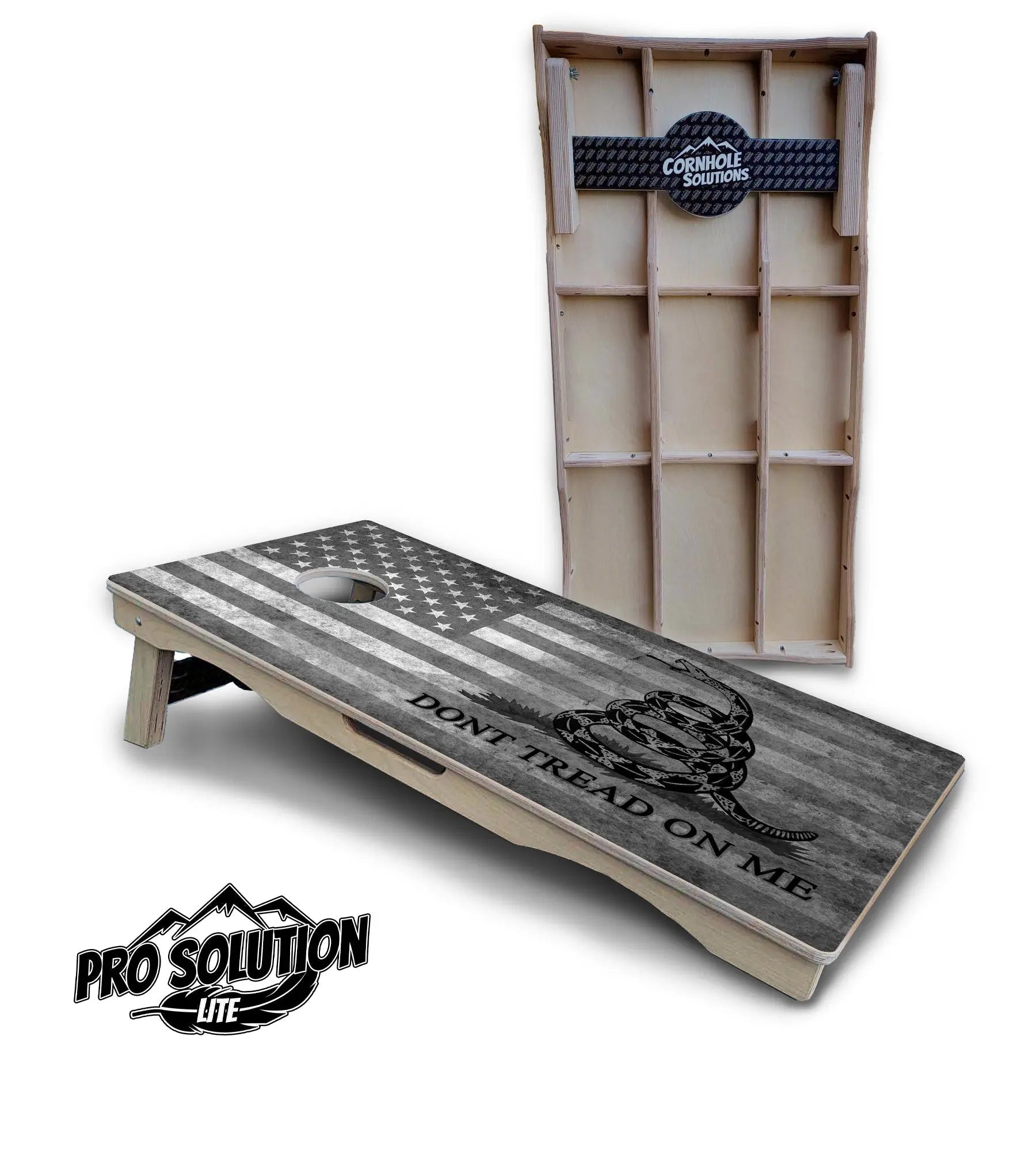 DTOM B&W Flag Cornhole Boards - Pro Solution Lite Series by Cornhole Solutions, custom cornhole board main product photo
