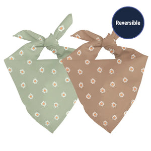 Daisy Dog Bandana: Two reversible tie-on dog bandanas with daisy print in sage green and tan.