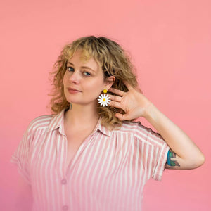 Additional view of Daisy Stud Dangle Earrings hand painted on lightweight wood by LE CHIC MIAMI