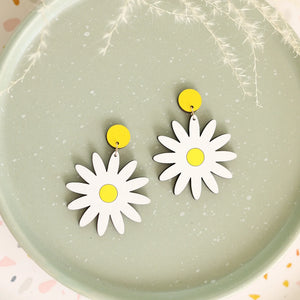 Additional view of Daisy Stud Dangle Earrings hand painted on lightweight wood by LE CHIC MIAMI