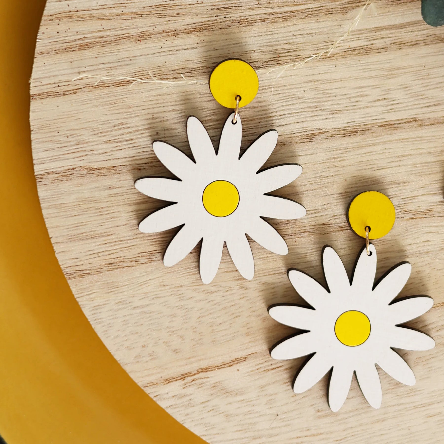 Daisy Stud Dangle Earrings hand painted on lightweight wood by LE CHIC MIAMI